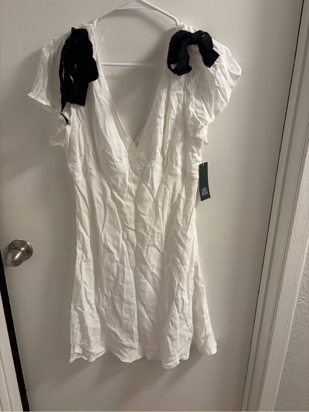 NWT Wild Fable White Mini Dress Black Ribbon Tie Cottagecore Coquette
